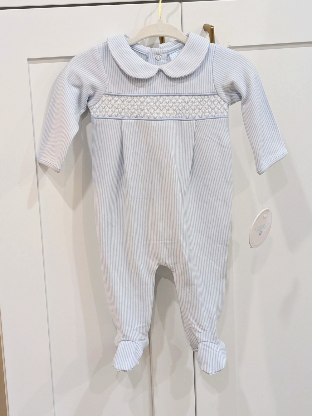 Edgehill Collection Baby Boys Light Blue Smocked One-Piece with Peter Pan Collar